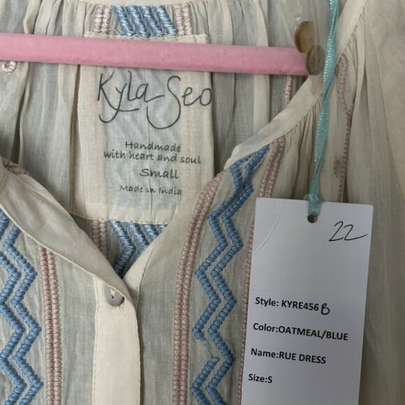 Kyla Seo Rue Midi Dress Women’s Small Cotton Poplin Embroidered Cream Blue NEW - Picture 2 of 7
